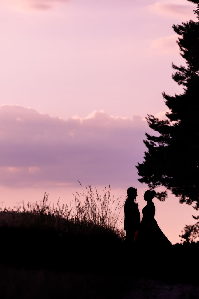 Silhouette eines Brautpaares bei traumhafter Abendstimmung in Brandenburg