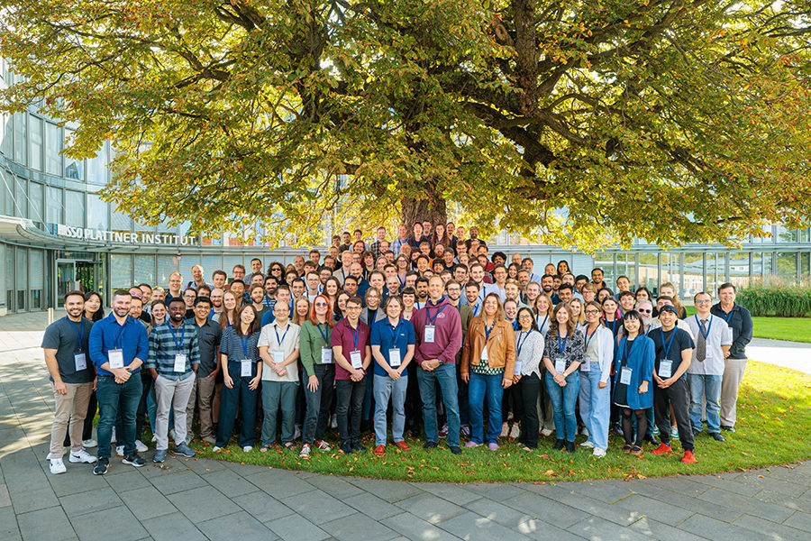 Idee für Gruppenfoto von 150 Gästen einer Konferenz in Berlin & Potsdam unter einem Baum mit Blitz gegen die Sonne aufgehellt